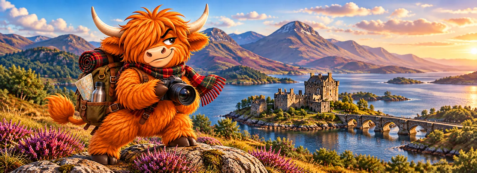 Ceilidh the kist coo, camera in hand and rucksack on her back, with Eilean Donan Castle behind her